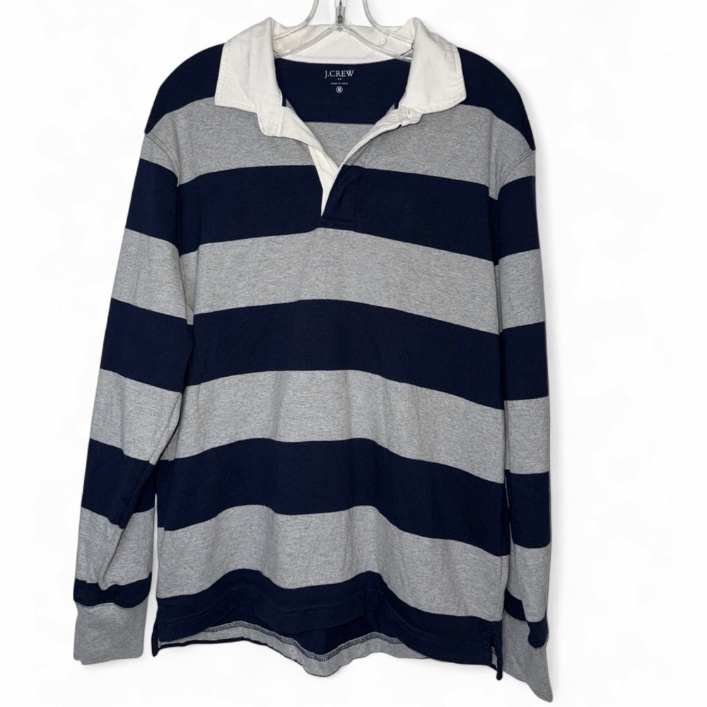J.Crew Rugby Shirt Mens Medium Navy Gray Stripe Cotton Preppy Ivy League Classic